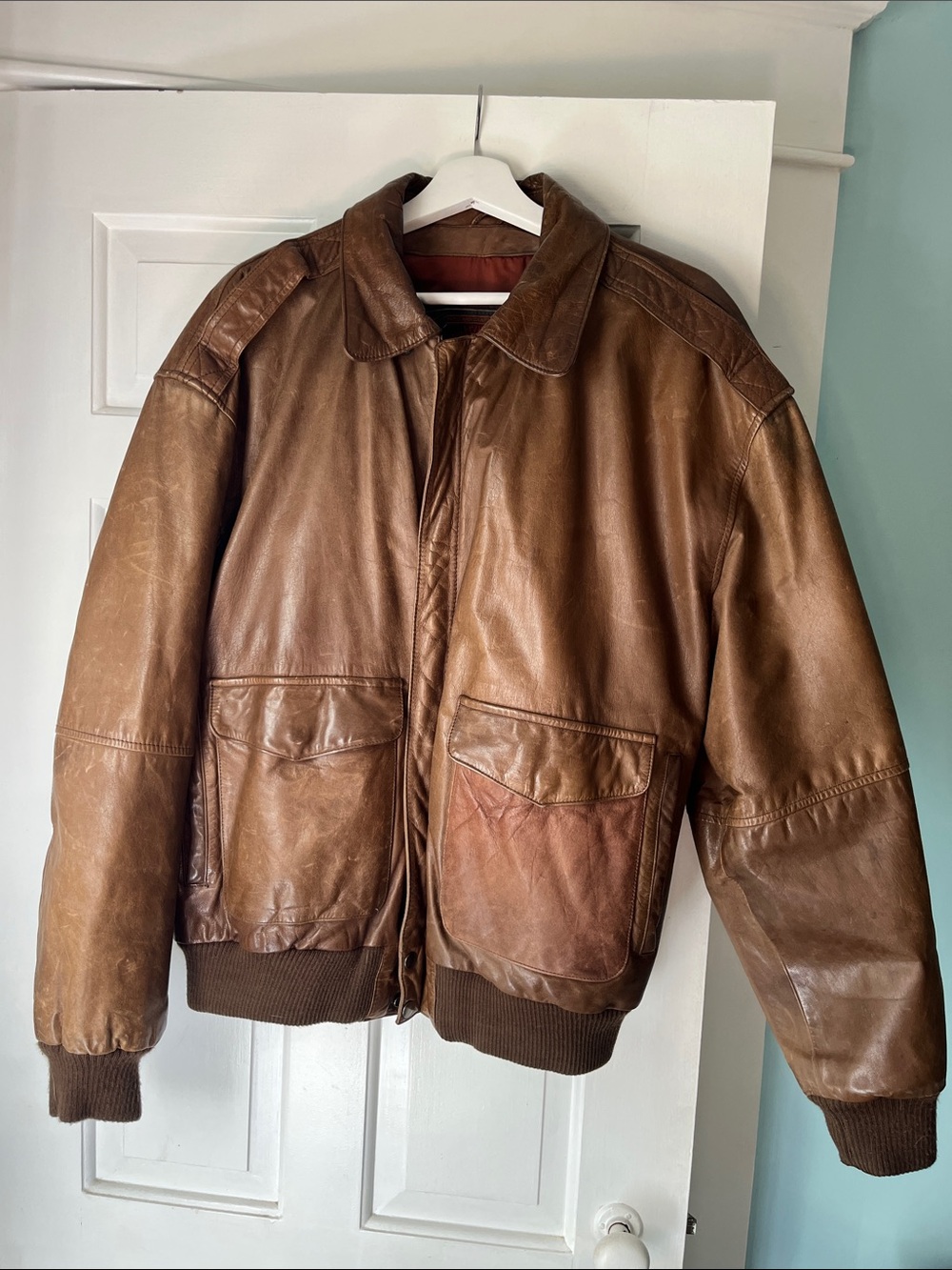VTG Adventure Bound Brown Leather Bomber Jacket Made in Korea XL